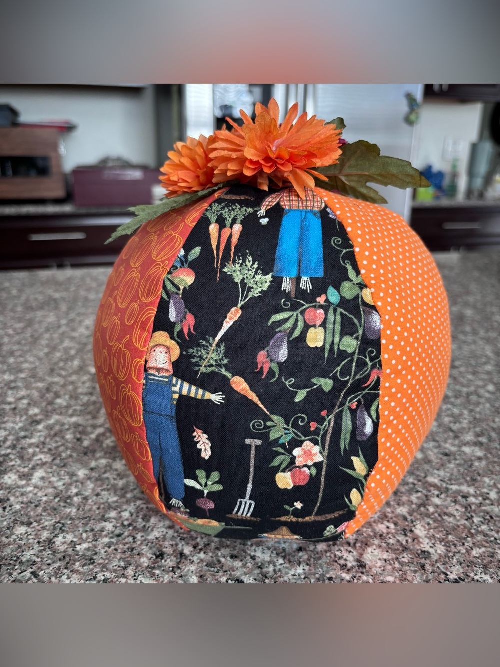 Fabric Patchwork Pumpkin Pillow in Orange, Red, Green, Brown, Black Fall 11”x9”